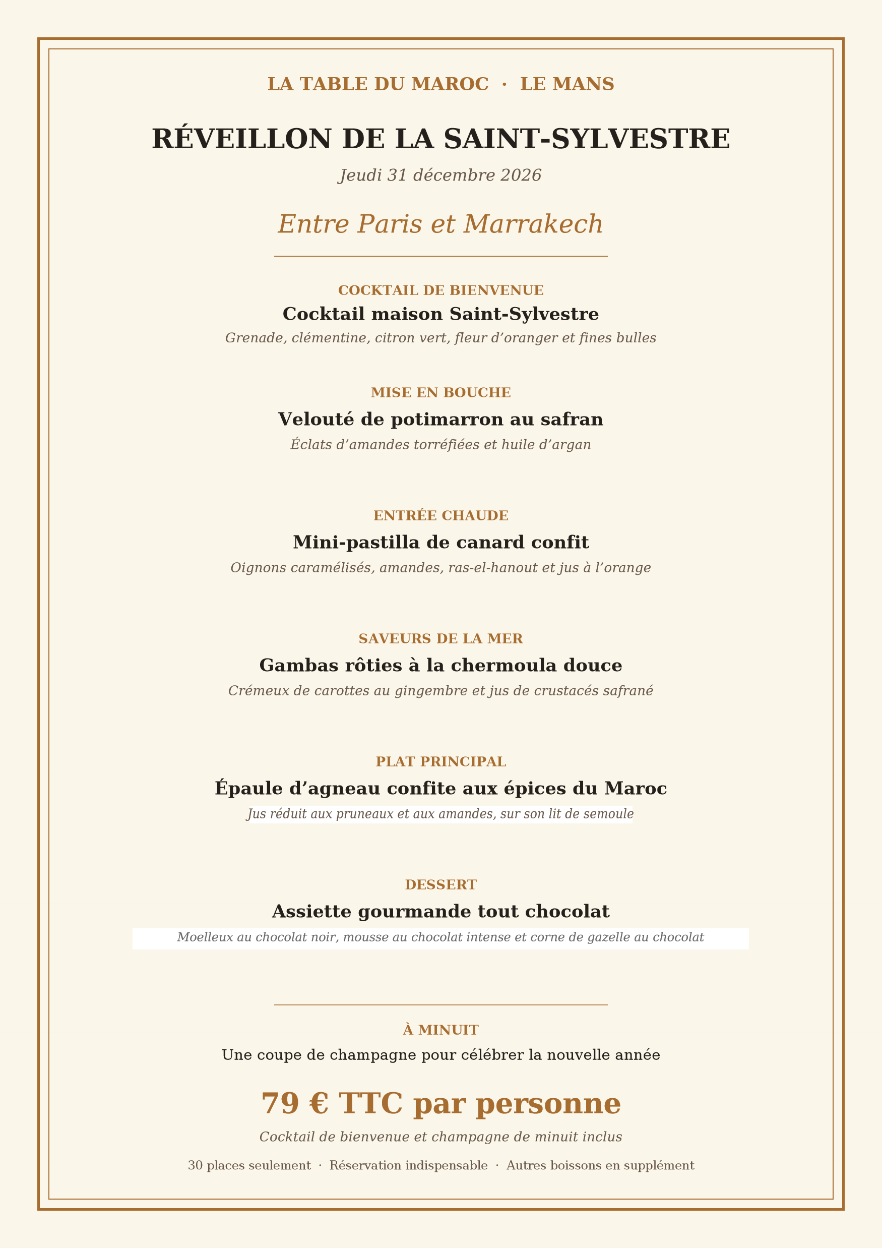 Affiche officielle Réveillon de la Saint-Sylvestre 2026 La Table du Maroc Le Mans